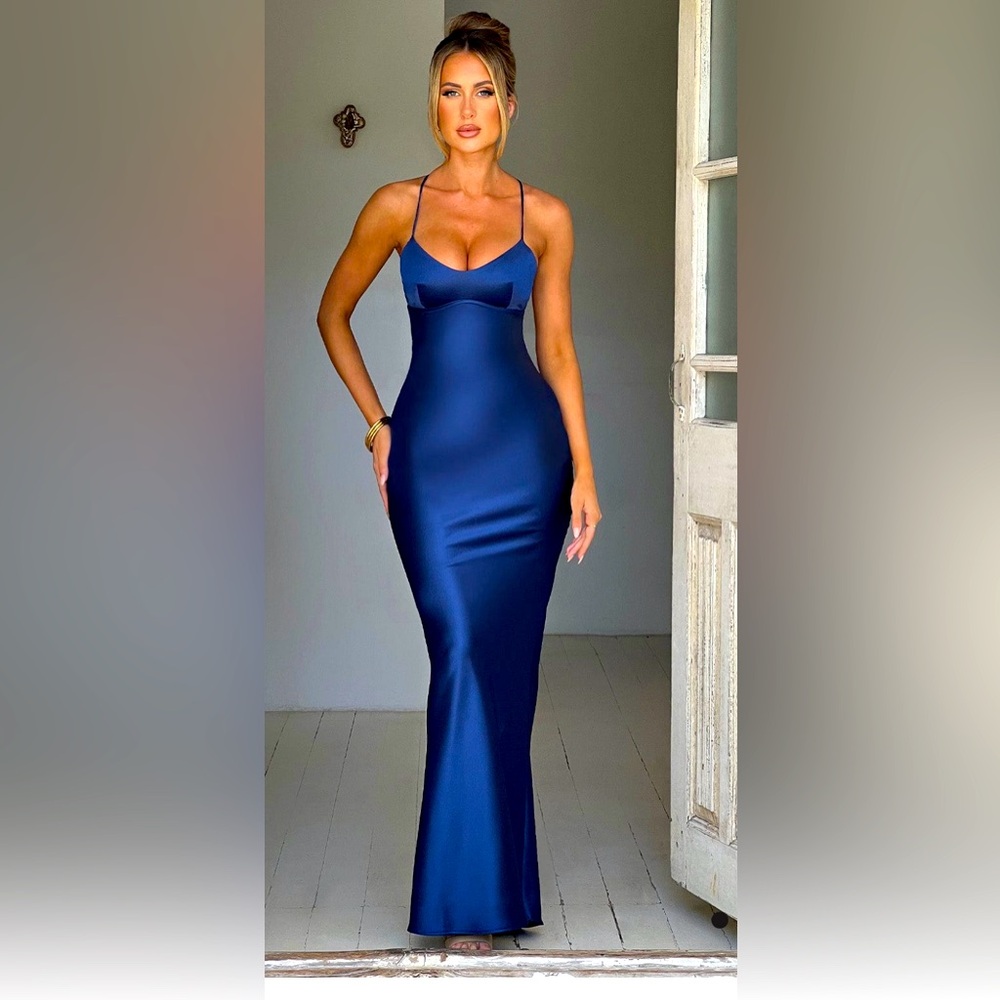 Royal blue silk backless corset max dress